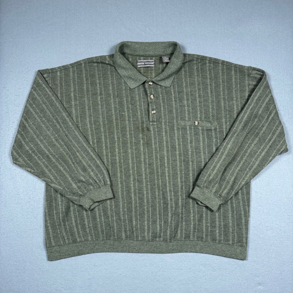 David Taylor Polo Shirt Mens XL Green Stripe Long Sleeve Button Pocket Classic